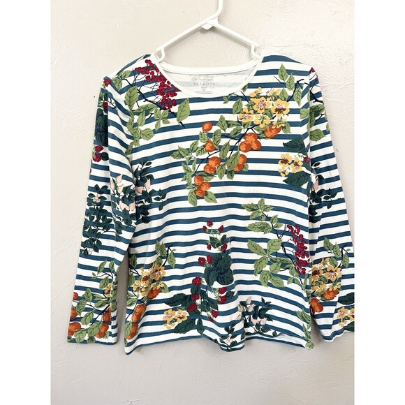 Talbots The Talbots Tee Floral & Stripe Bateau Neck Size Large LP Petite - Picture 1 of 6